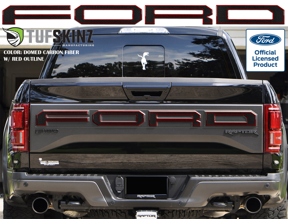 "FORD" Raptor Tailgate Overlays Fits 2019-2020 Ford F-150 2019-2020 Domed Carbon Fiber/Red Outline