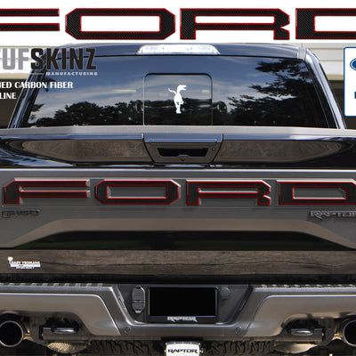 "FORD" Raptor Tailgate Overlays Fits 2019-2020 Ford F-150 2019-2020 Domed Carbon Fiber/Red Outline