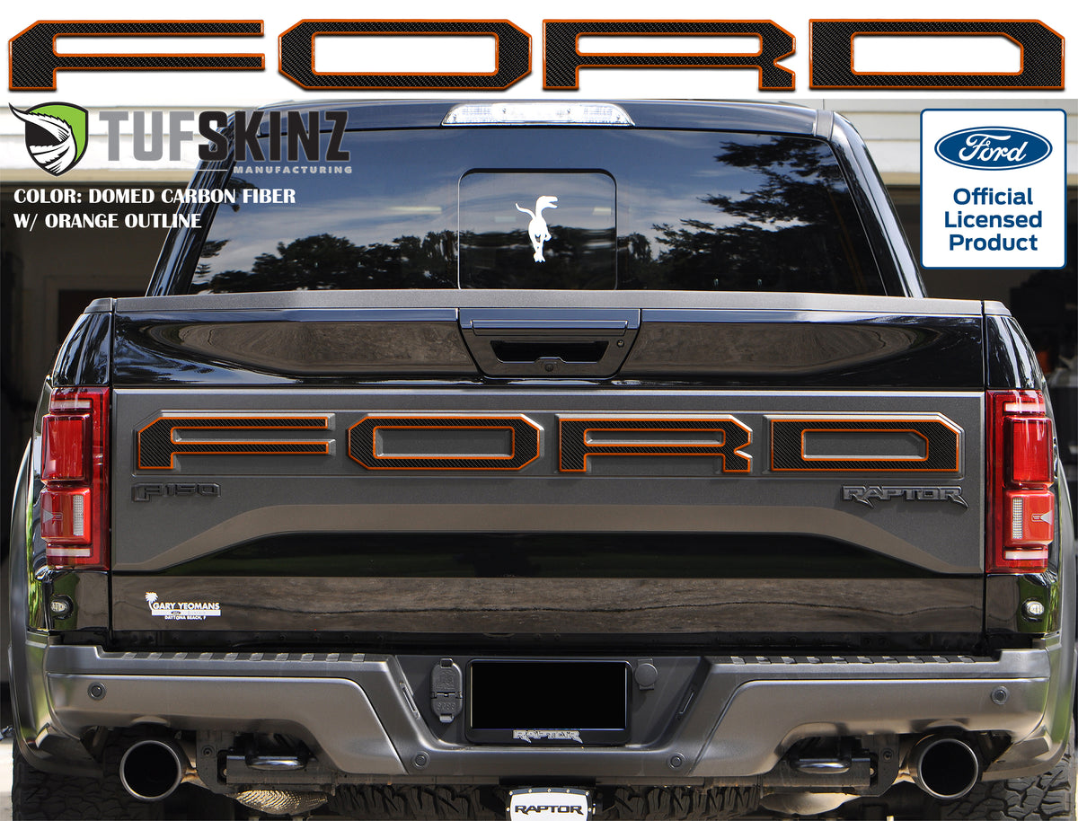 "FORD" Raptor Tailgate Overlays Fits 2019-2020 Ford F-150 2019-2020 Domed Carbon Fiber/Orange Outline