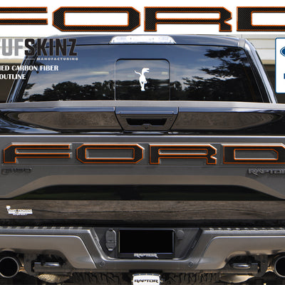 "FORD" Raptor Tailgate Overlays Fits 2019-2020 Ford F-150 2019-2020 Domed Carbon Fiber/Orange Outline