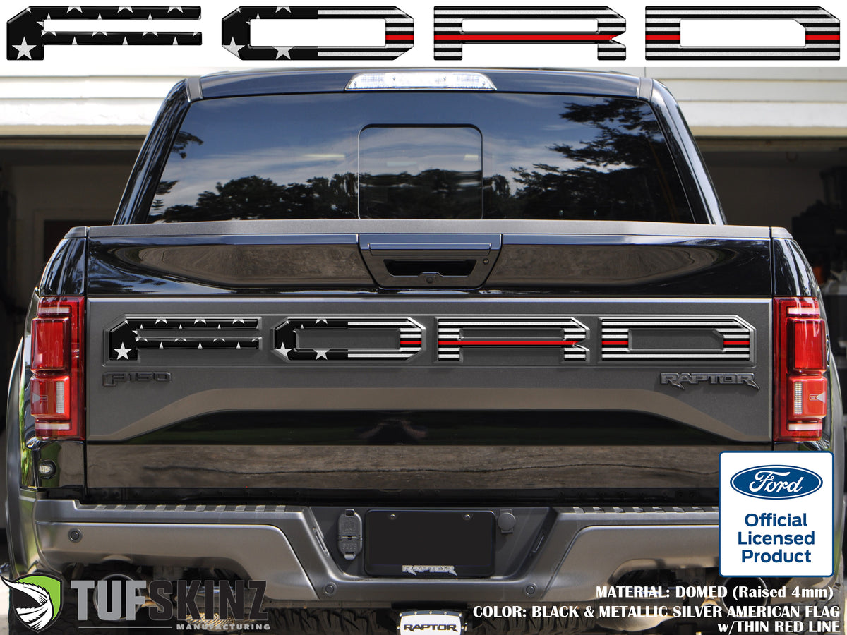 "FORD" Raptor Tailgate Overlays Fits 2019-2020 Ford F-150 2019-2020 Black & Metallic Silver American Flag w/Thin Red Line