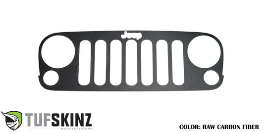 Front Grill Overlay w/Jeep cut out Accent Trim Fits 2007-2018 Jeep Wrangler JK Logo Cut Out Real Carbon Fiber(Raw)