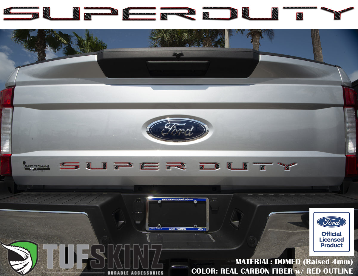"SUPER DUTY" Tailgate Letter Inserts Fits 2017-2019 Ford Super Duty Domed Carbon Fiber w/Red Outline