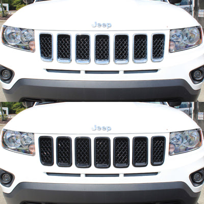 ABS6422BLK 11-17 Jeep Compass 7 PCS Gloss Black Tape-on Grille Overlay Chrome Delete Kit