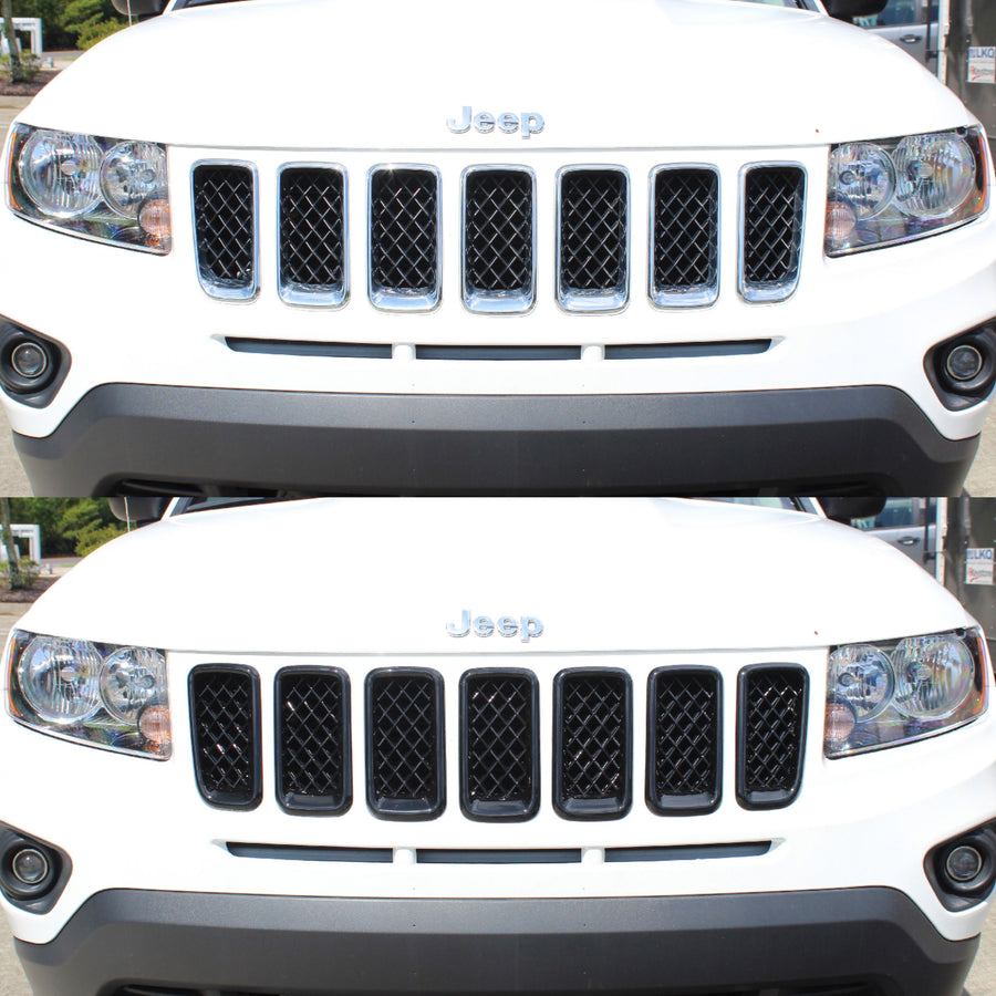 ABS6422BLK 11-17 Jeep Compass 7 PCS Gloss Black Tape-on Grille Overlay Chrome Delete Kit