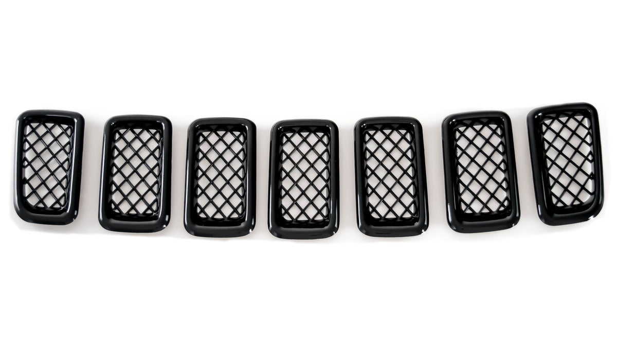 ABS6422BLK 11-17 Jeep Compass 7 PCS Gloss Black Tape-on Grille Overlay Chrome Delete Kit