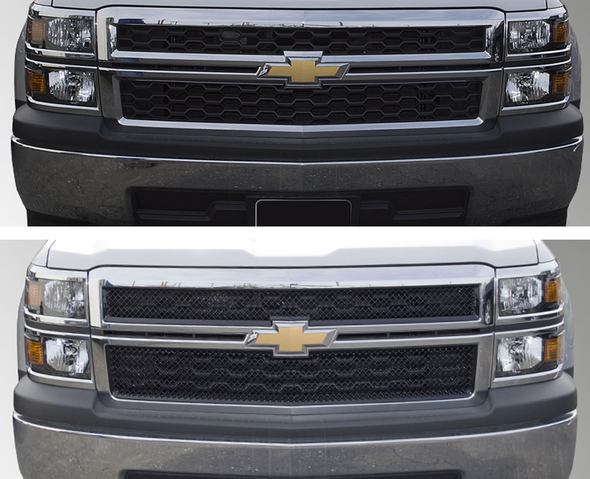 ABS6428BLK 14-15 Chevrolet Silverado 1500 WT/LT. NOT FOR SPORT MODELS 2 PCS Gloss Black Tape-on Grille Overlay Chrome Delete Kit