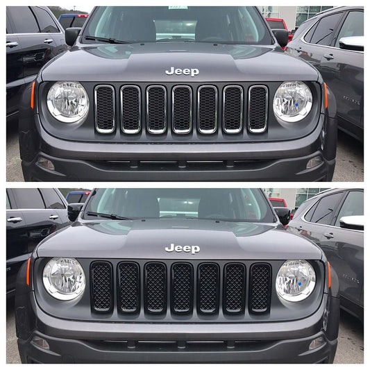 ABS6439BLK 15-19 Jeep Renegade Sport/Limited/Latitude 7 PCS Gloss Black Tape-on Grille Overlay Chrome Delete Kit