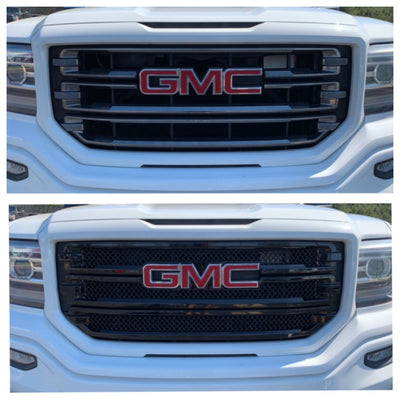 ABS6446BLK 16-18 GMC Sierra 1500 SLT 3 PCS Gloss Black Tape-on Grille Overlay Chrome Delete Kit