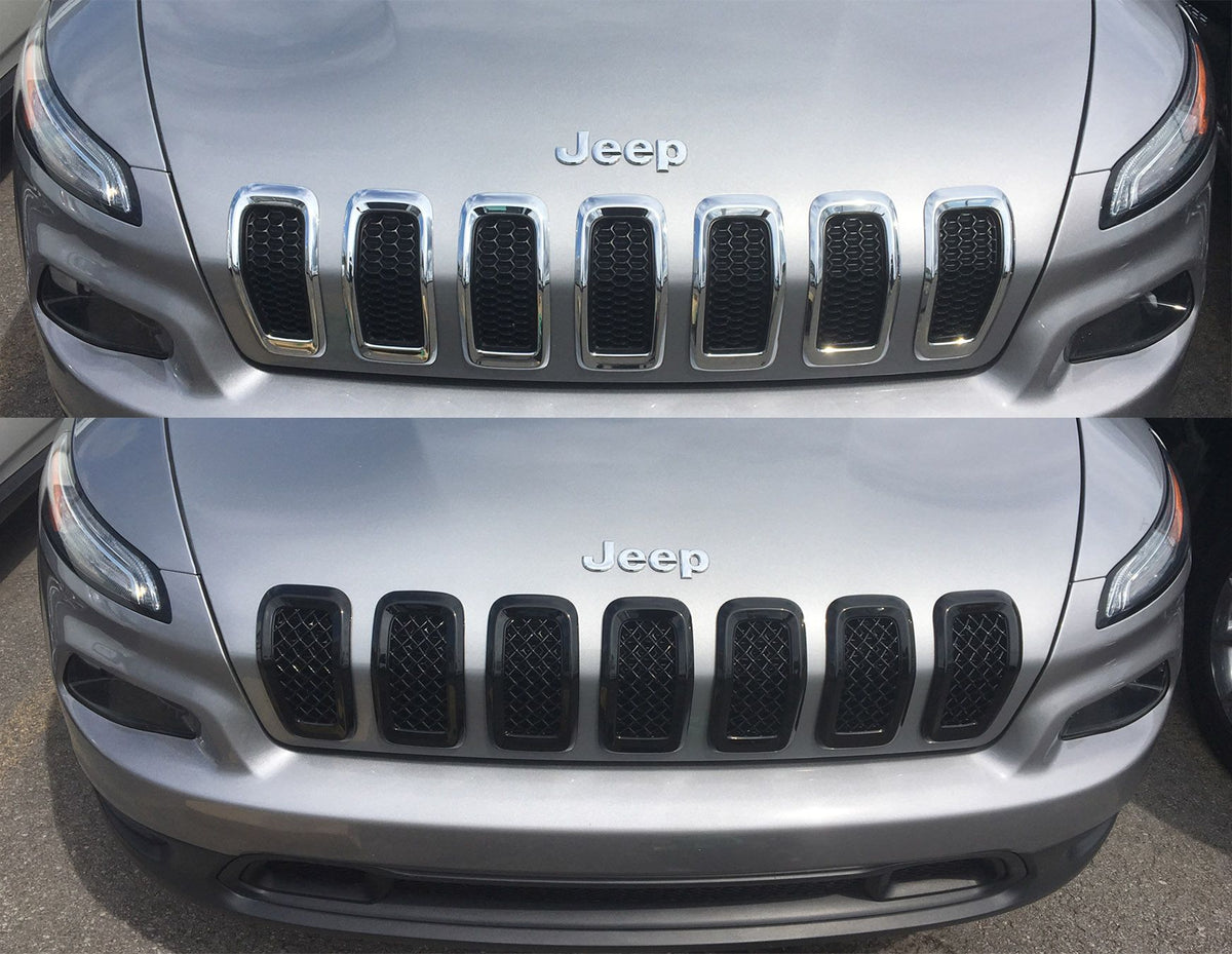 ABS6473BLK 14-18 Jeep Cherokee 7 PCS Gloss Black Tape-on Grille Overlay Chrome Delete Kit