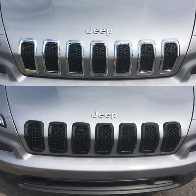 ABS6473BLK 14-18 Jeep Cherokee 7 PCS Gloss Black Tape-on Grille Overlay Chrome Delete Kit