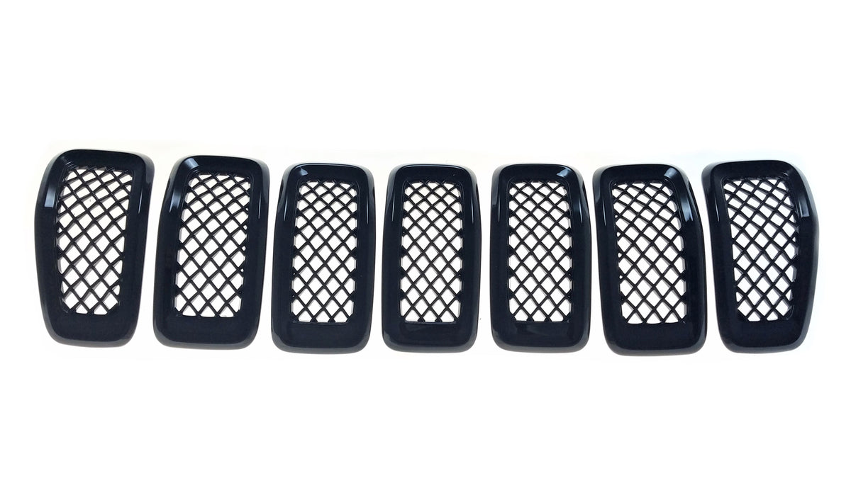 ABS6473BLK 14-18 Jeep Cherokee 7 PCS Gloss Black Tape-on Grille Overlay Chrome Delete Kit
