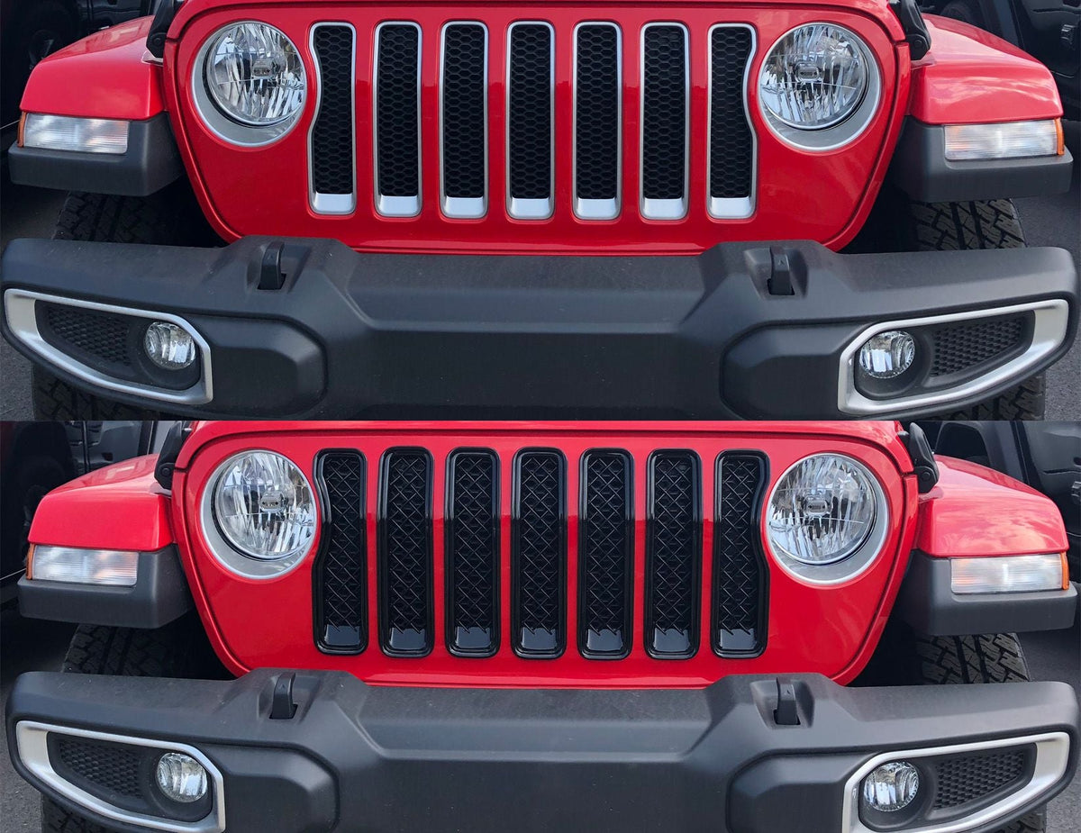 ABS6495BLK 19-22 Jeep Wrangler 7 PCS Gloss Black Tape-on Grille Overlay Chrome Delete Kit