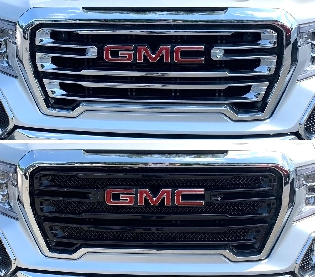 ABS6496BLK 19-21 GMC Sierra 1500 AT4/SLT 2 PCS Gloss Black Tape-on Grille Overlay Chrome Delete Kit