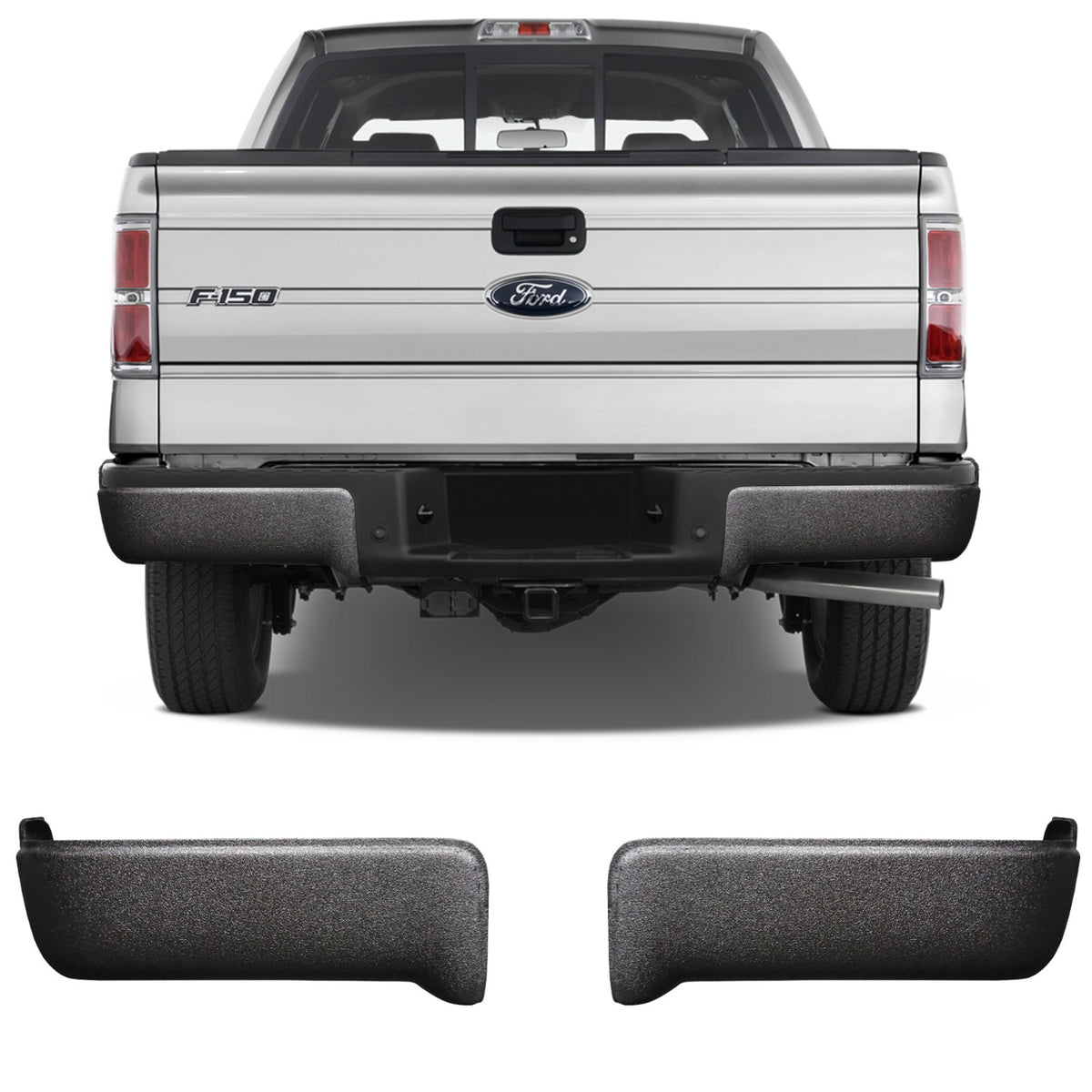 Armor-coated rear BumperShellz chrome delete caps for 2009-2014 Ford F150, no parking sensor cutouts, durable design.