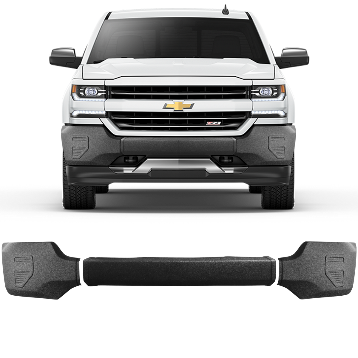Armor-coated front BumperShellz for 2016-2018 Chevy Silverado 1500, no parking sensors, no fog lamps, rugged design.