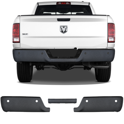 Armor Coated 2009-2018 RAM BumperShellz installed on a truck, no exhaust cut-outs, with parking sensors