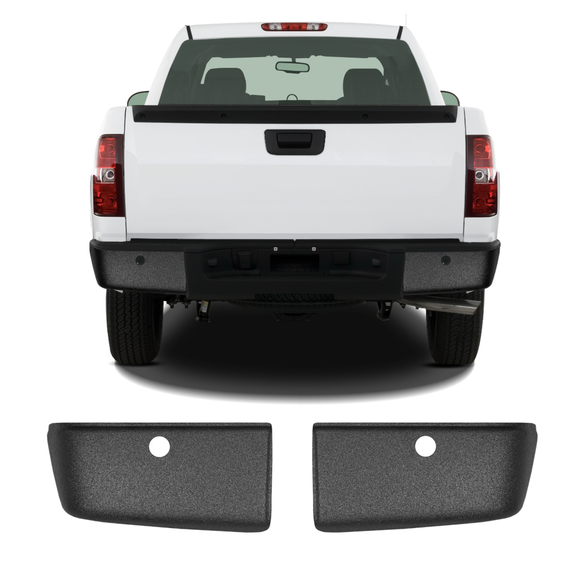 Armor-coated rear bumper cover for 2007-2013 Chevy Silverado/GMC Sierra, with parking sensor hole cutouts, rugged design.