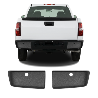 Armor-coated rear bumper cover for 2007-2013 Chevy Silverado/GMC Sierra, with parking sensor hole cutouts, rugged design.