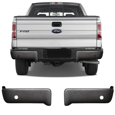 Armor-coated rear BumperShellz chrome delete caps for 2009-2014 Ford F150, with parking sensor cutouts, rugged finish