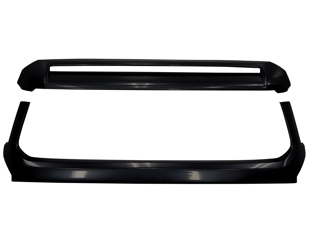 Close-up of BumperShellz overlay in Attitude/Midnight Black Metallic (Color Code: 218), designed for Toyota Tundra grille surround and hood bulge