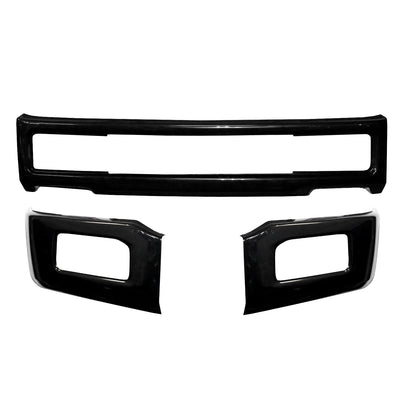 Gloss black front bumper for 2018-2020 Ford F150, with fog lamps and no tow hook cutouts.