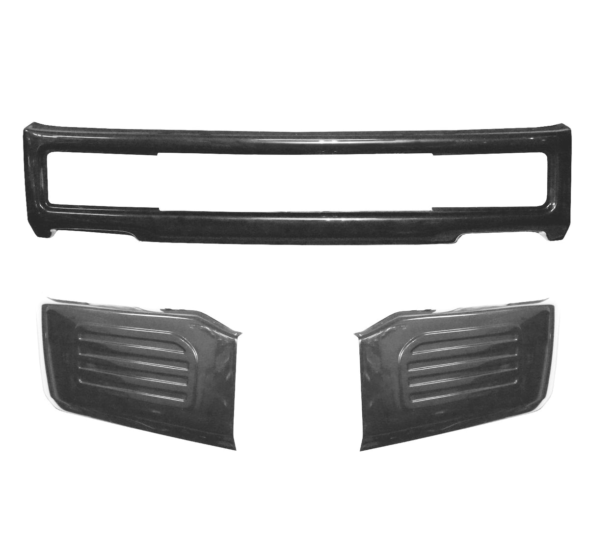 Gloss black front bumper for 2018-2020 Ford F150, with fog lamps and no tow hook cutouts.