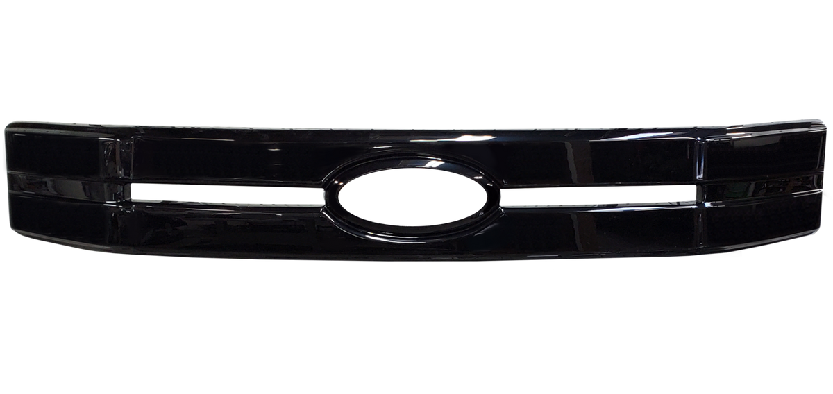 Gloss Black Center Bar Grille Overlay for the 2018-2020 F150, ready to provide a stylish chrome delete effect to the vehicle's appearance.