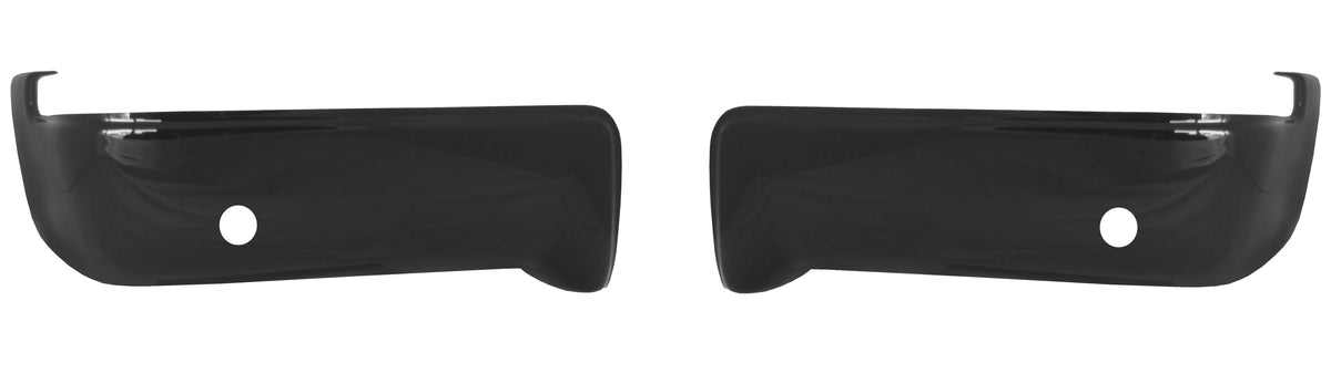 Gloss black rear BumperShellz chrome delete caps for 2009-2014 Ford F150, with parking sensor cutouts