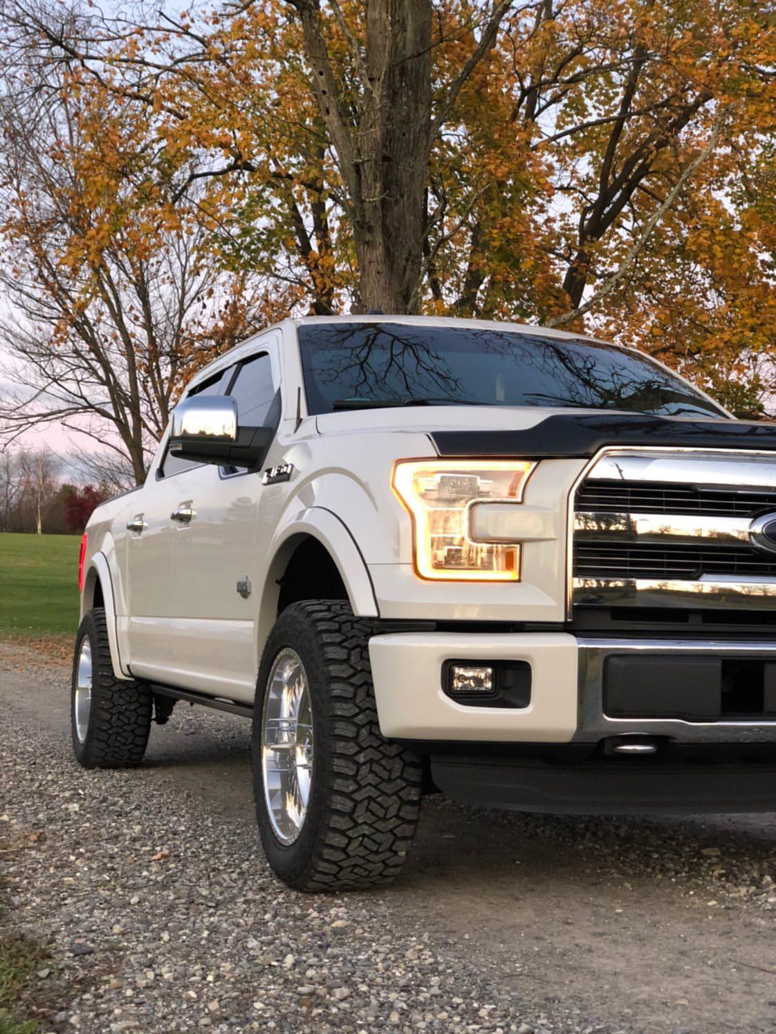 Gloss White  Side covers installed on a 2015-2017 F-150 Front BumperShellz,  Chrome Delete