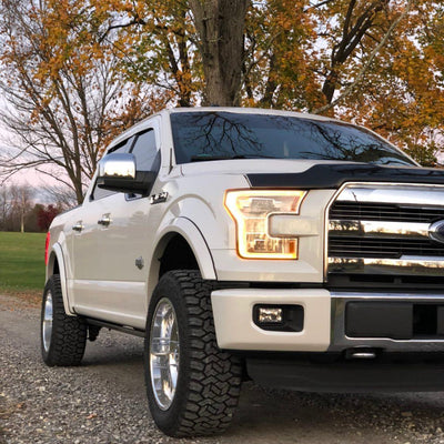 Gloss White  Side covers installed on a 2015-2017 F-150 Front BumperShellz,  Chrome Delete