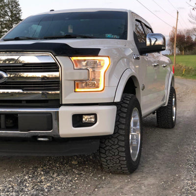  45 degree angle of 2015-2017 F-150 Front BumperShellz fully installed on the driver side, chrome delete kit