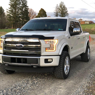 Gloss White Side caps installed on a 2015-2017 F-150 Front BumperShellz, foglamp cut-out Chrome Delete Kit