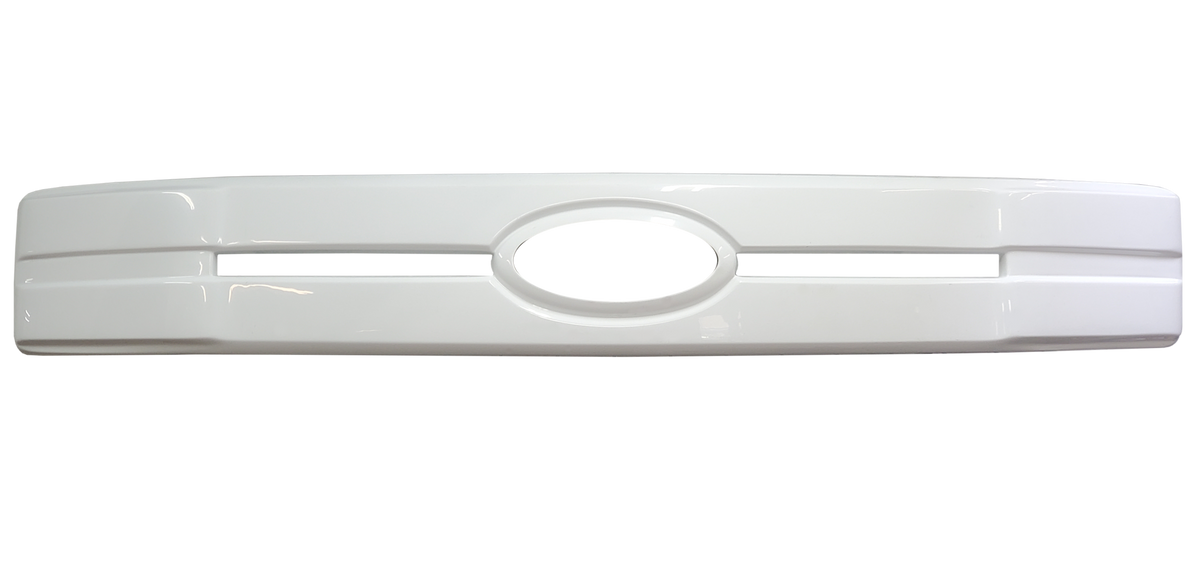 Gloss White Center Bar Grille Overlay for 2018-2020 F150, ready to enhance the vehicle with a chrome delete style
