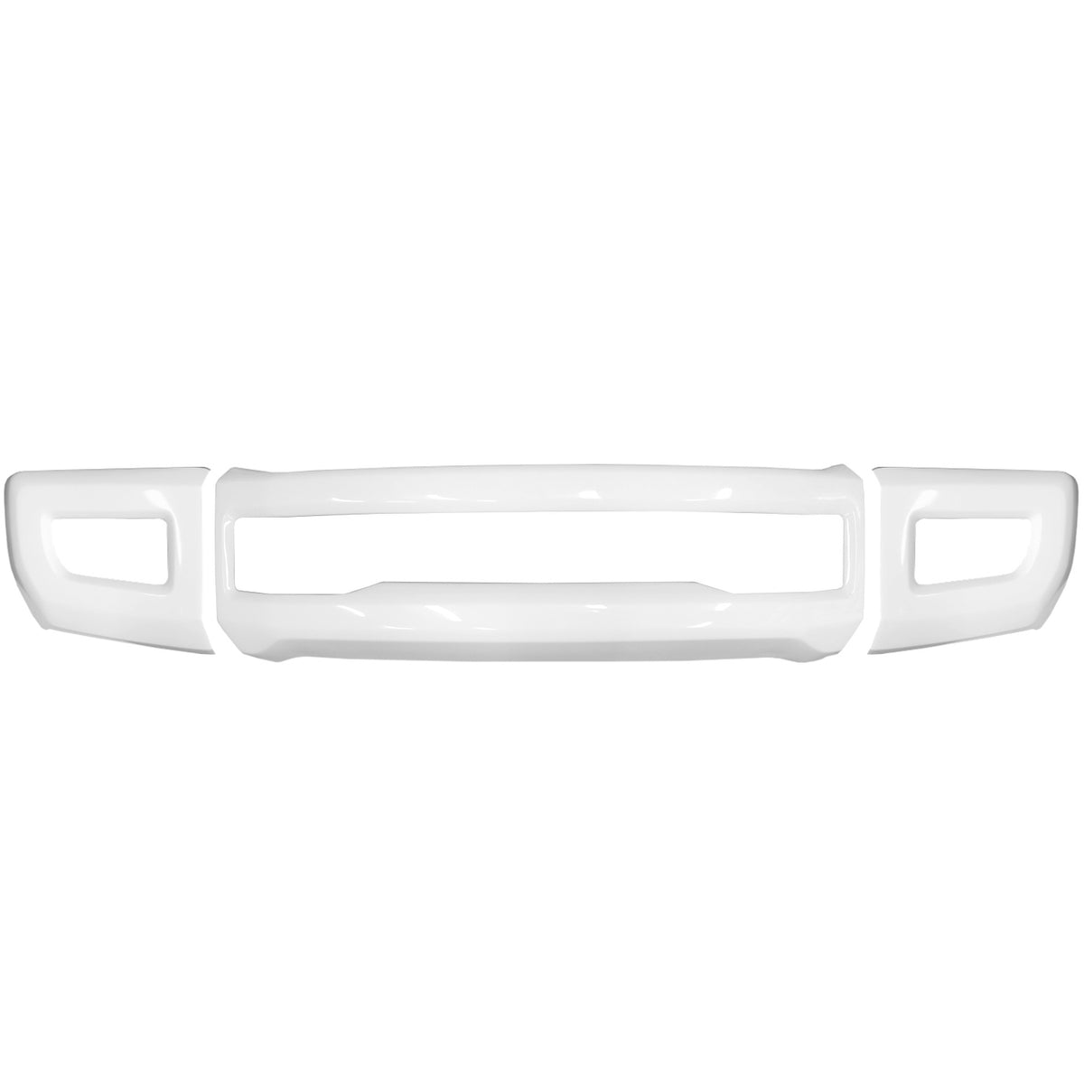 2017-2019 Ford F250 and F350 front bumper covers in gloss white with fog lamp cut-outs, chrome delete kit