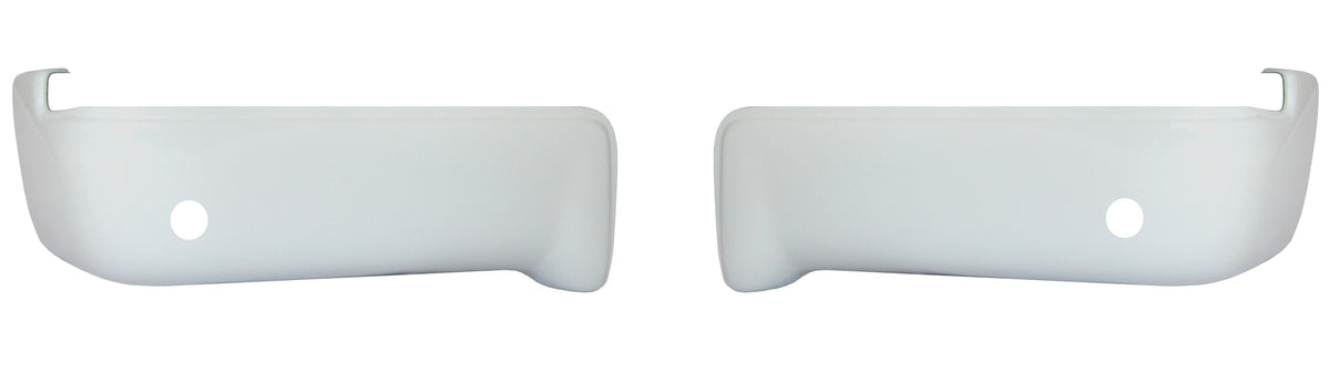 Gloss white rear BumperShellz chrome delete caps for 2009-2014 Ford F150, with parking sensor cutouts