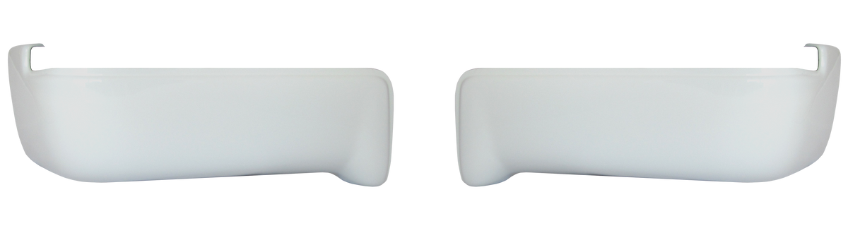 Gloss white rear BumperShellz chrome delete caps for 2009-2014 Ford F150, no parking sensor cutouts.