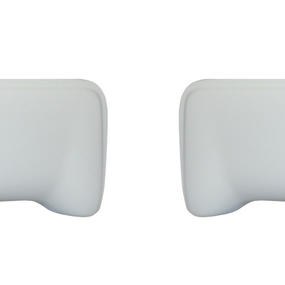 Gloss white rear BumperShellz chrome delete caps for 2009-2014 Ford F150, no parking sensor cutouts.
