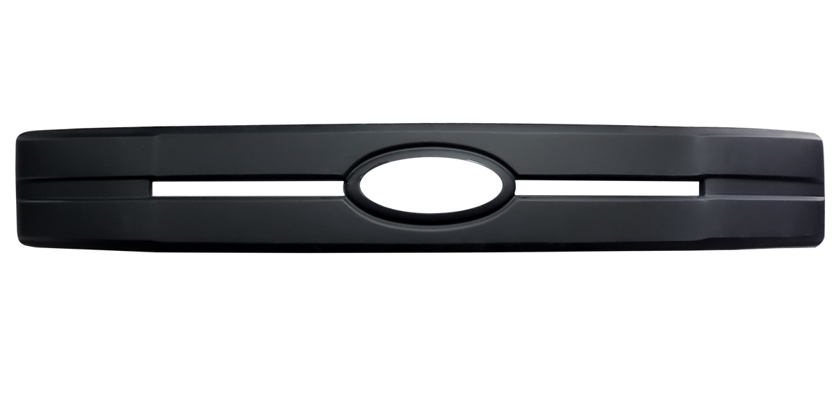 Matte Black Center Bar Grille Overlay for 2018-2020 F150 displayed on a white background, providing a modern, textured chrome delete look
