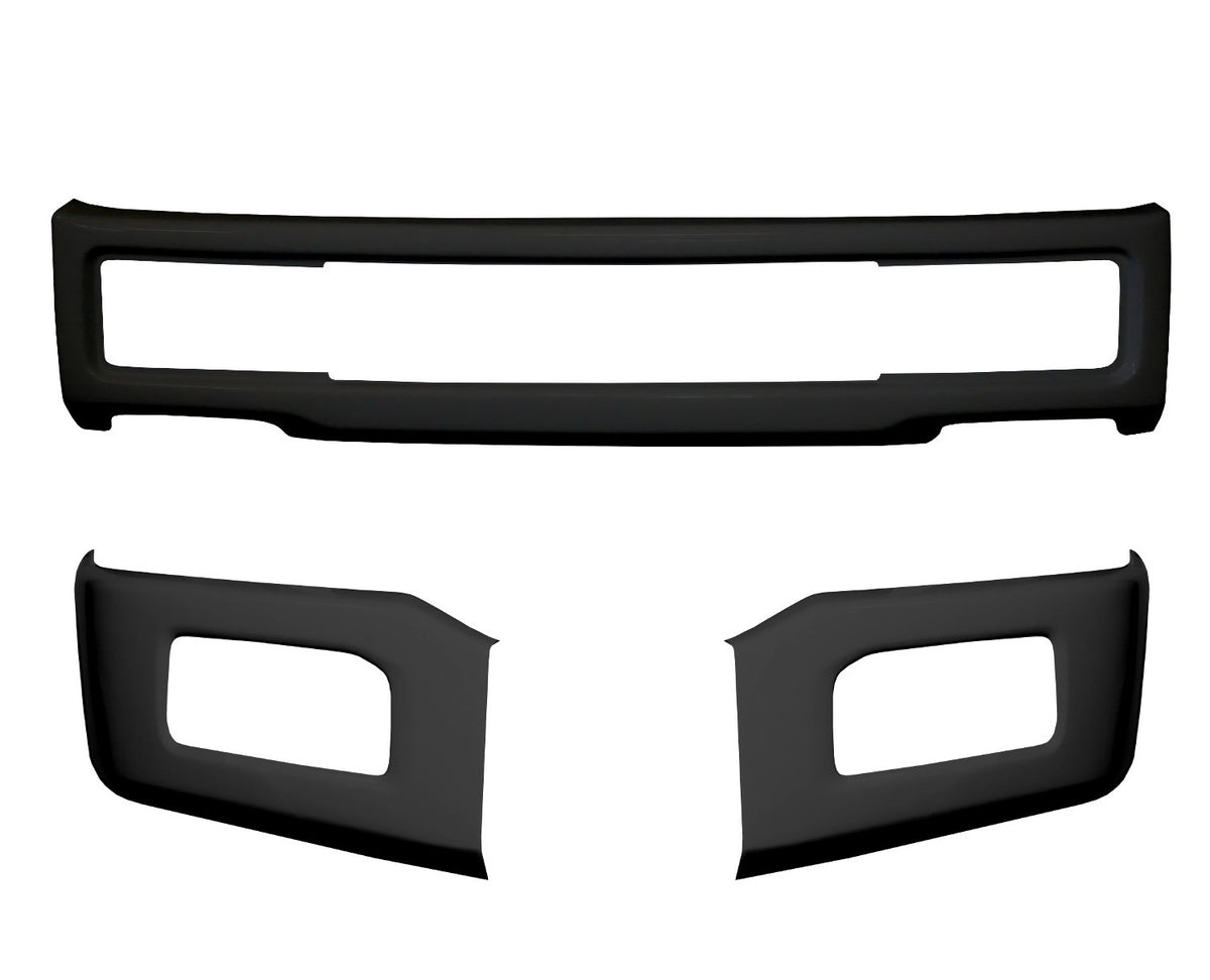 Matte black front bumper for 2018-2020 Ford F150, with fog lamps and no tow hook cutouts.