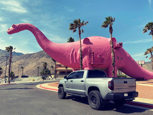Toyota Tundra equipped with Gloss Black BumperShellz rear overlays, parked outside the iconic Pink Dinosaur landmark in Cabazon, CA – showcasing the truck's customized appearance.